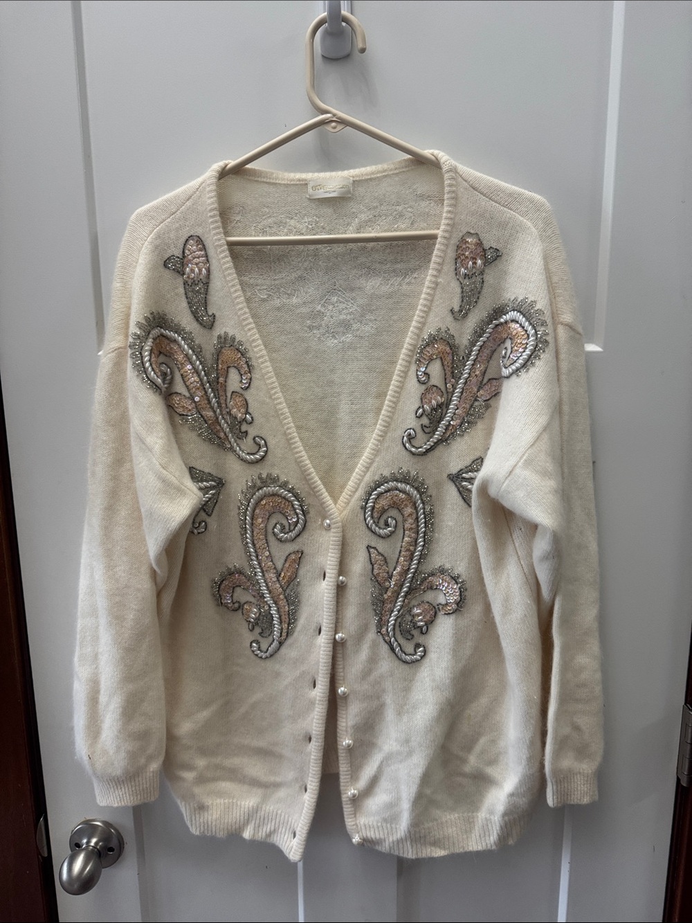 Vintage OTTO Cream Embellished V-Neck Cardigan with Pearl Buttons